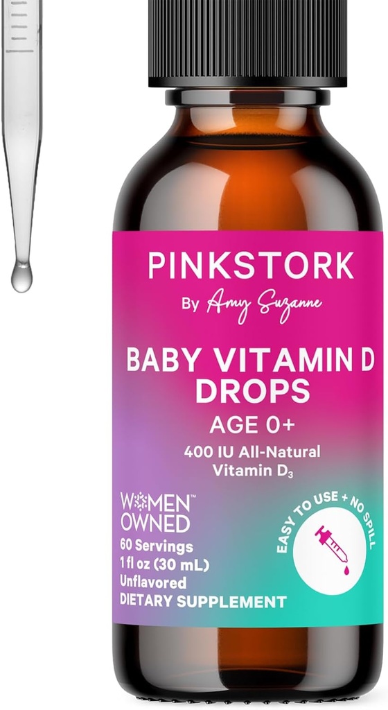 Roze Ooievaars baby vloeibare vitamine D druppels voor zuigelingen, 400 IE vitamine D3 voor pasgeborenen en kinderen om te helpen Bone Development en gezonde immuunfunctie - 1 fl oz, 2 maanden levering