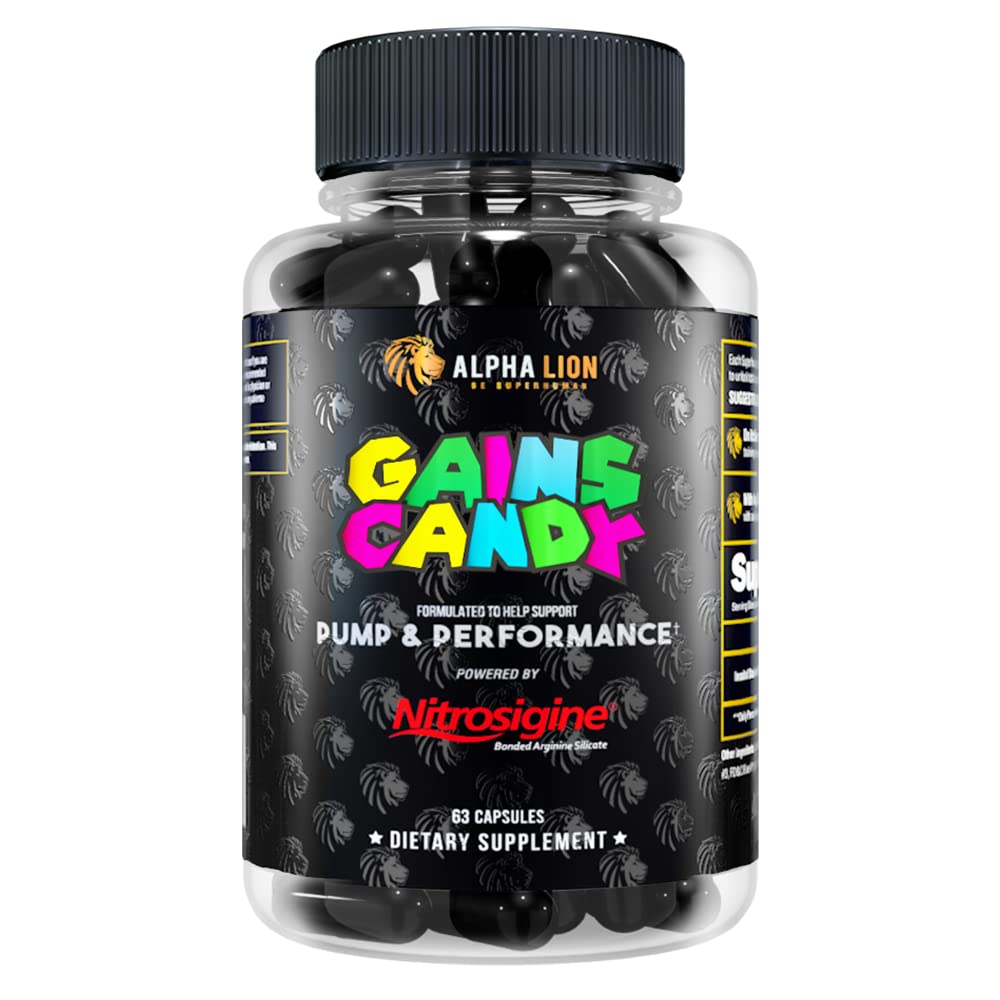 ALPHA LION Gains Candy, Supplement Pillen voor spierpomp & Blood Flow, Nitric Oxide Booster, Ondersteunt Mentale Focus, Gebruik dagelijks om te upgraden workout prestaties, 63 capsules (Nitrosigine)