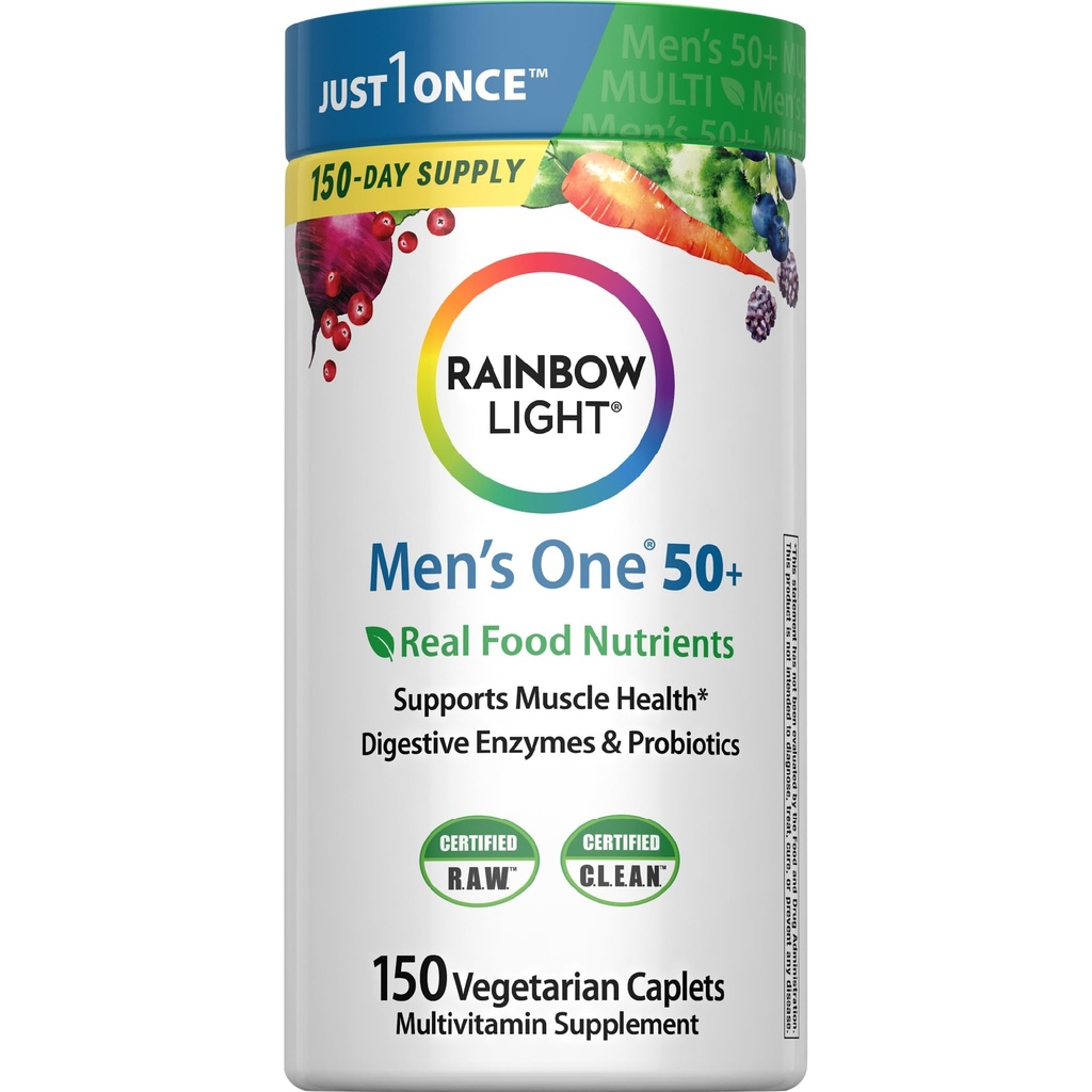 Regenbooglicht Multivitamine voor mannen 50+, Vitamine C, D & Zink, Probiotica, Mannen One 50+ Multivitamine Biedt hoge potentie Immune Ondersteuning, Niet-GMO, Vegetarische, 150 tabletten