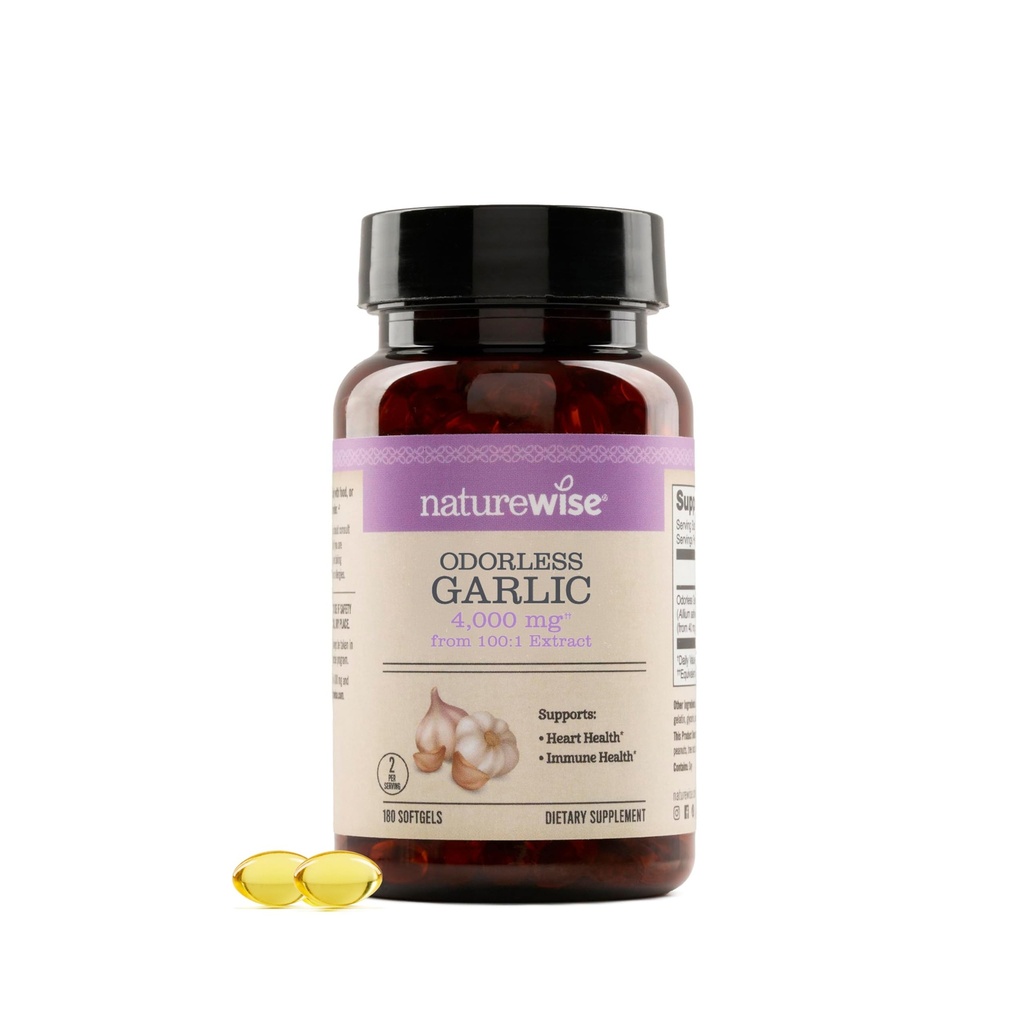 NatureWise Odorless Knoflook Supplement 4000mg - Ultra Potent 100:1 Extract - Gezonde Cholesterol Formule, Hart Gezondheid Ondersteuning - Non-GMO, Glutenvrij, met Halal Gelatine - 180 Tellen[90-Dag Levering]