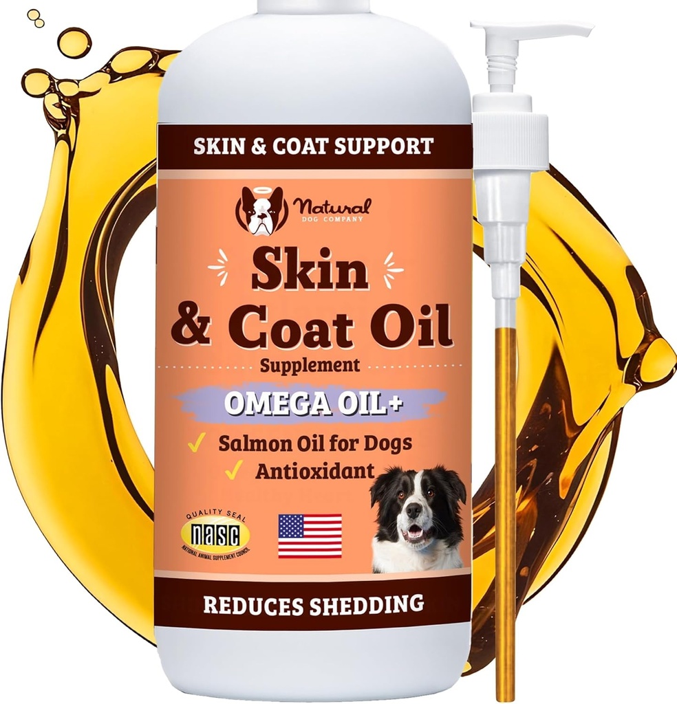 Natural Dog Company Skin & Coat Oil (16 oz.), ondersteunt huidgezondheid, visolie supplementen voor honden, zachte jas, visolie & Vlaszaadolie, vetzuren, fles hondenvisolie met pomp, antioxidant