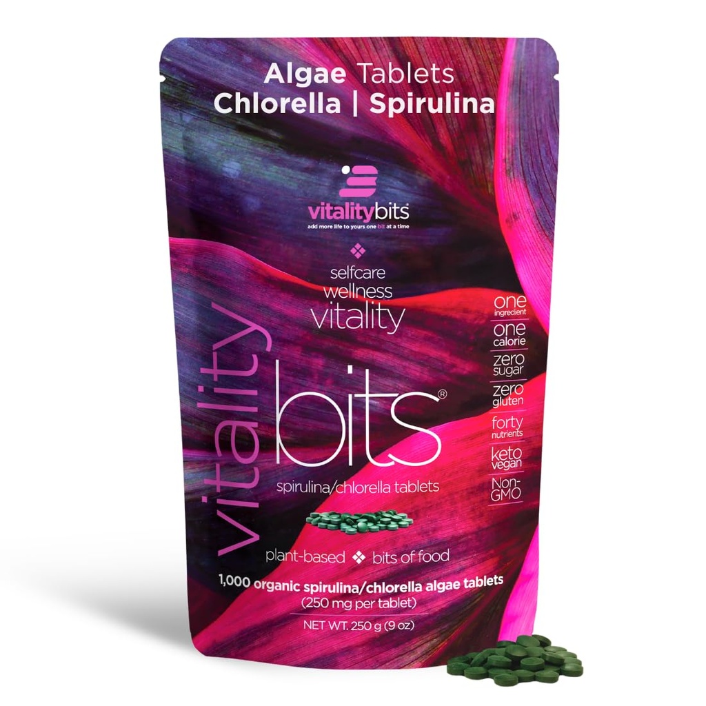 VITALITYbits - Comprimés de spiruline et de chlorella organiques mélangés - Algae Superfood - Énergie, Self Care, Beauté - Remplacer les verts, suppléments, protéines, collations - végétalien, kéto, sans gluten - 1000 comprimés Sac