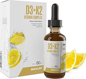 Maxler Vitamin D3 K2 Drops with MCT Oil - Heart, Bone & Immune Support - No GMO, Colors, Sweetener, Alcohol - Vitamin D3 5000 IU & Vitamin K2 500 mcg per 1 Serving - 120 Servings Lemon Flavor