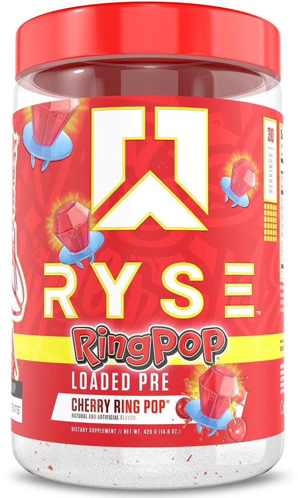 RYSE geladen pre-workout poeder - Ring Pop Cherry - Dagelijkse pre-workout voor mannen & vrouwen met 325 mg cafeïne, Beta Alanine en Citrulline voor pomp, focus en energie - 30 porties