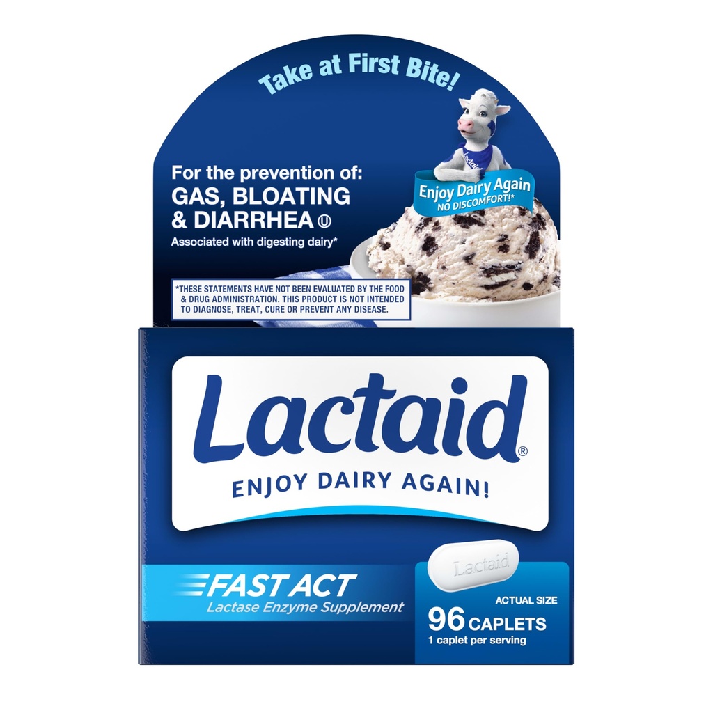 Lactaid Fast Act Caplets d'intolérance à la lactose avec enzyme de lactase, soulagement des produits laitiers par le gaz, le bluff et la diarrhée, 9000 pilules d'intolérance à la lactose de FAC, 96 trousses individuelles de voyage (96 x 1 ct)