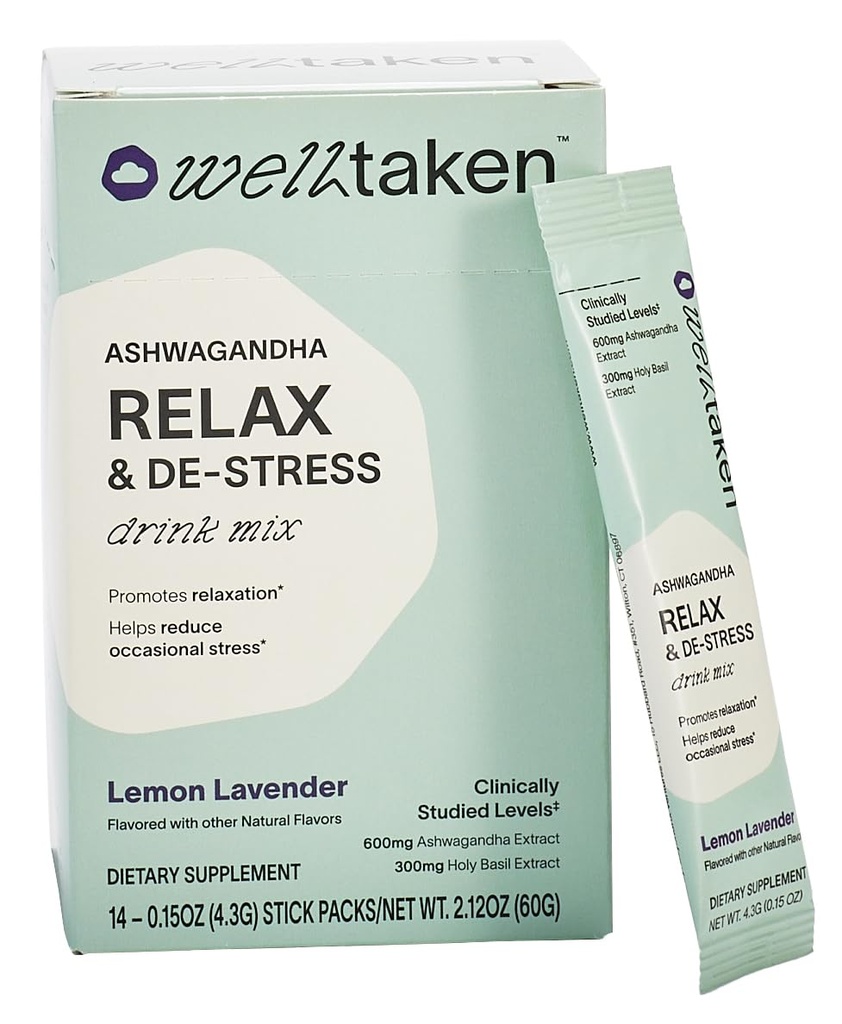 Ashwagandha Relax & De-Stress Powder - Lavande citron 14ct Box - 600mg Ashwagandha, 200mg L-Theanine, Saint Basilic – Soutient le stress, la relaxation – Vegan, Pas de sucre ajouté - 14 portions