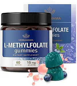 HERBAMAMA L-methylfolaat Gummies - 15mg 5-MTHF Calming Supplement voor volwassenen - Vegan, non-GMO Methylated Folaat (Vitamine B9) voor Hersenondersteuning - 60 Pectin-based Blueberry-Flavored Kauwen
