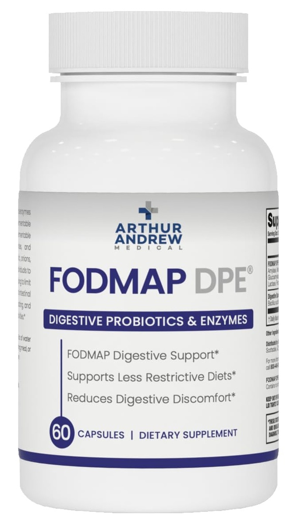 Arthur Andrew Medical - DPE FODMAP, Probiotiques digestifs et enzymes, soulagement de l'intolérance FODMAP et des aliments hautement fermentables, végétalien, non OGM, 60 capsules