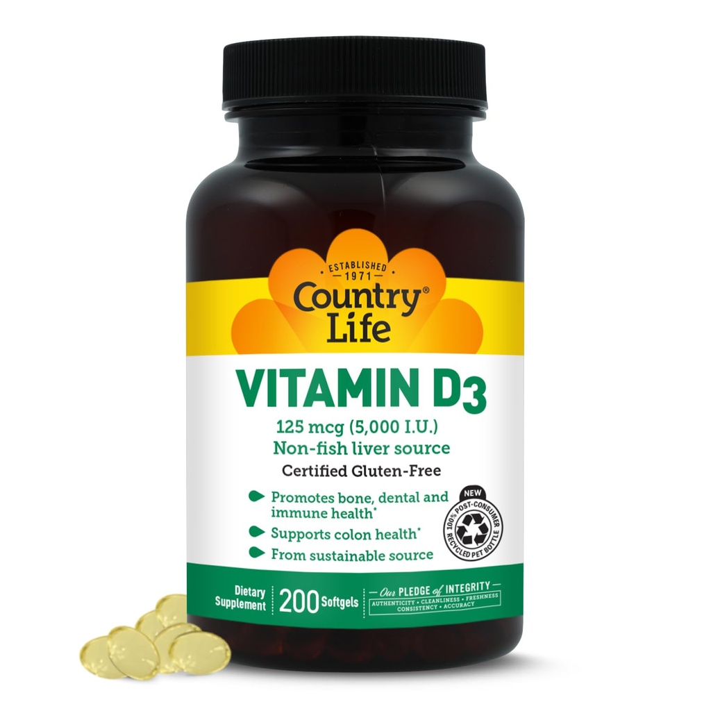Country Life Vitamine D3 5000 IE voor Immune and Bone Health, Calcium Absorptie en Colon Health - Duurzame Bron van Lanoline, Beschikbaar in diverse sterktes
