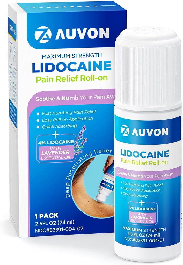 AUVON Lidocaine Roll-On met essentiële olie, Geen mess Applicator, Max Strength Lidocaine, Quick Absorbing to Numb & Soothe pijnverlichting voor knieën, schouders, FSA/HSA in aanmerking komende, Lavender, 2.5 OZ, 1 Pack