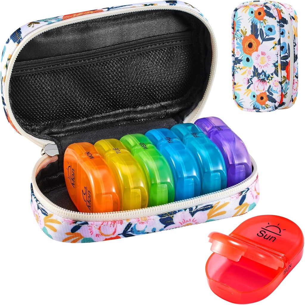 Serfeymi Weekly Travel Pill Organizer 2 keer Een dag AM PM Geüpgraded Regenboog Pill Box 7 dag met Portable Zipper Canvas Pill Case, Medicine Organizer voor pillen, Vitaminen, Visolie - Bloom 01