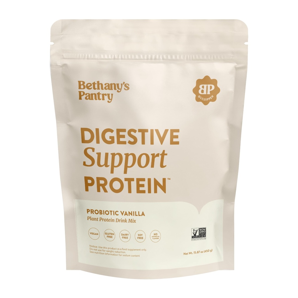 Nouzest Bethany's Pantry Digestive Support Protein - Probiotiques pour la santé digestive – Protéine de maigre propre - Poudre de protéines de pois végétaliens premium – base végétale - 20 portions, 1 livre (paquet de 1) - Vanille