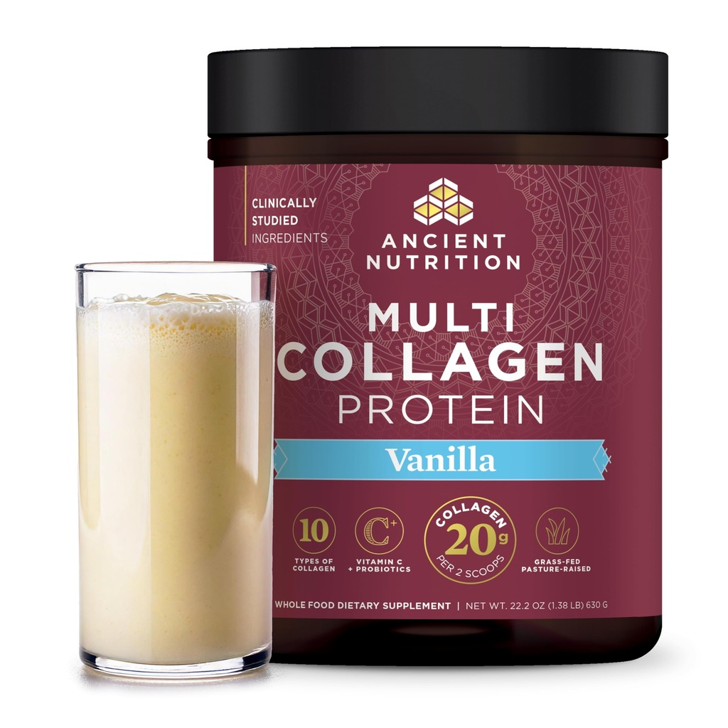 Ancient Nutrition Collagène Peptides Poudre, Protéines Multi Collagènes, Femmes & Hommes, Vitamine C, Probiotiques, Collagène Hydrolysé, Supporte la peau, articulaires, Santé Gut, Vanille, 60 portions