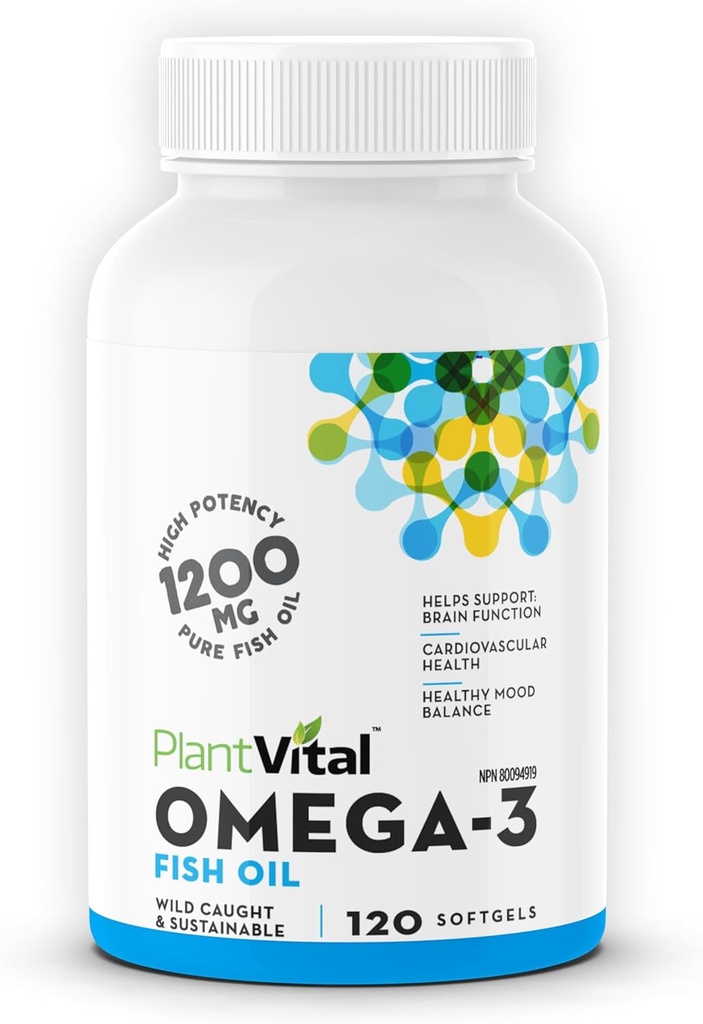 Plantvital Omega 3 Fish Oil Capsules - Pure Noorse Omega 3 Supplement - Triple Strength - No Fish Flavor - Molecularly Distilled - Ondersteunt Cognitive, Joint, Eye, Hair and Heart Health - 120 Tel.