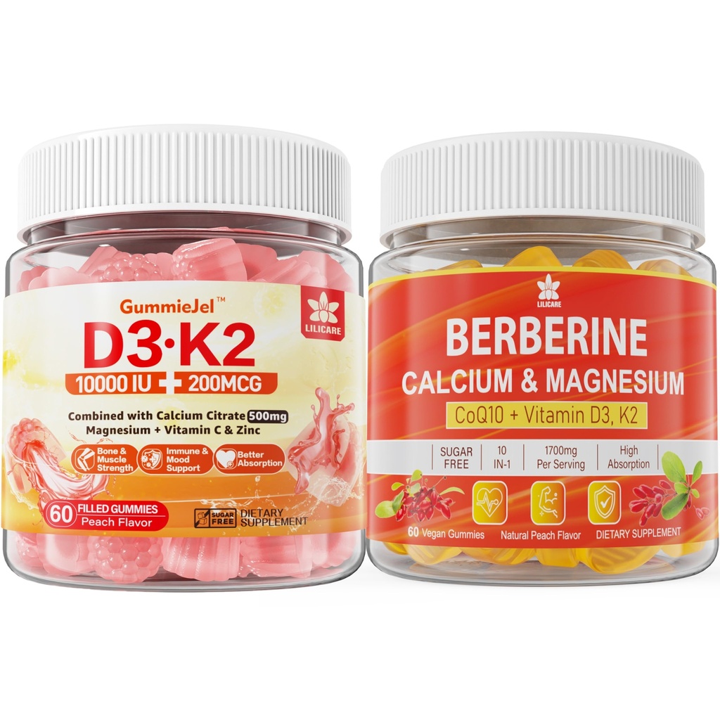 Suikervrije vitamine D3 K2 Gummies met Calcium, Magnesium citraat, Vitamine C + Berberine supplement Gummies, met Liposomale Berberine & Berberine HCI, Calcium, Magnesium