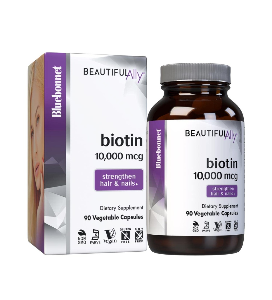 Bluebonnet Voeding Mooie Ally Biotin 10.000 mcg, Versterk haar & Nails*, Niet-GMO, Veganistisch, Kosjer Gecertificeerd, Glutenvrij, Sojavrij, 90 plantaardige Capsules, 90 porties