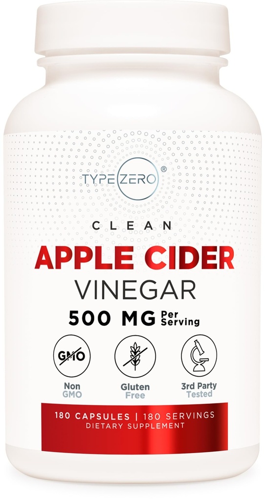Type Zéro Capsules de vinaigre de cidre de pomme (180 Nombre) 500mg par portion - Non-OGM, Supplément sans gluten
