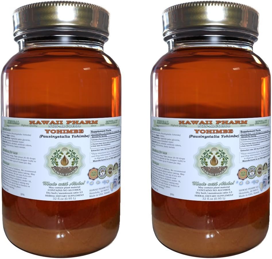 Yohimbe Alcoholvrije Liquid Extract, Yohimbe Liquid (Pausinystalia Yohimbe) Gedroogde Bark Glycerite Natural Herbal Supplement, Hawaii Pharm, USA 2x32 fl.oz