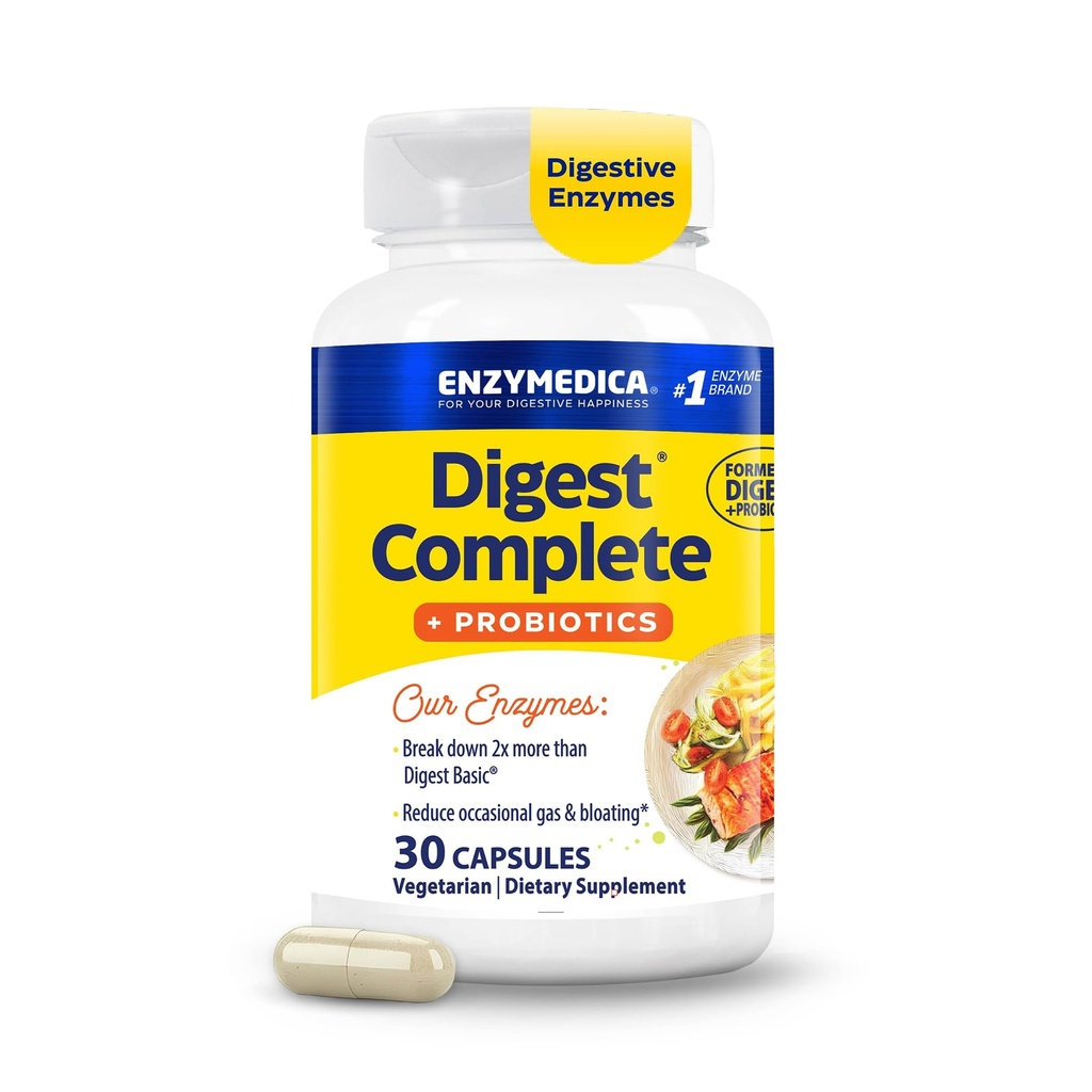 Enzymedica, Digest Complete + Probiotica, Gentle Digestieve Enzymen met 400 miljoen CFU Actieve Culturen per Capsule, 30 Capsules