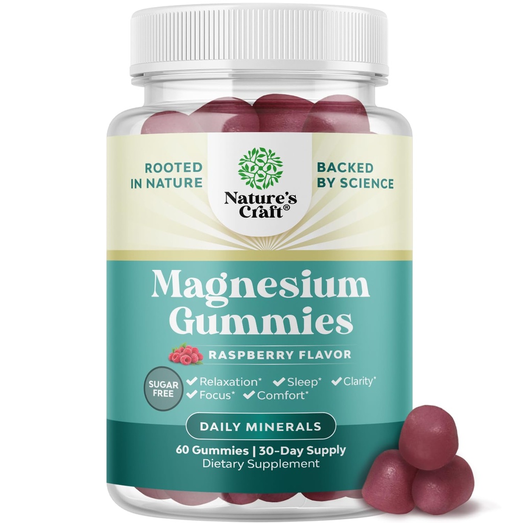Gummées de magnésium pour adultes sans sucre - Gummées de citrate de magnésium relaxantes avec Mag élémentaire - Aide au sommeil Soft Chews Aromatisées aux framboises - Relaxation du corps et de l'esprit - 60 Compte