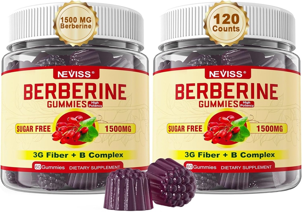 NEVISS Berberine Supplement 1500mg, AMPK Activator met 3G Prebiotic Fiber, B1 B3 B6, Suikervrije Berberine HCL Gummies voor vrouwen en mannen - Ondersteunt Immune System, Digestief, 2pack 120 Ct