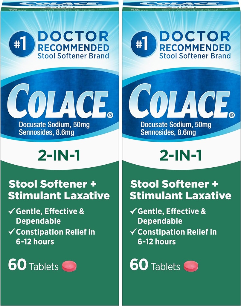 Colace 2-in-1 Stool Softener Plus Stimulant Laxative for Gentle Effective Constipatie Relief, Docusate Sodium Plus Sennosides, 60 Count (Pack of 2)