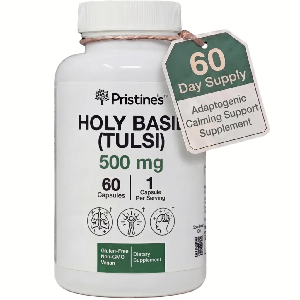 PRISTINE'S Holy Basil Capsules - 500 mg Glutenvrije Immuniteit & Relaxatie Ondersteuning Adaptogen Supplement - 60 dagen levering - Tulsi Holy Basil Leaf Extract Capsules - Vegan - Non-GMO