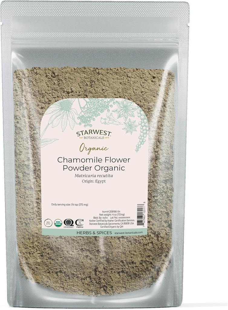 Starwest Botanicals Biologische kamillebloempoeder - gedroogd Loose Leaf Herb for Tea, Herbal Lotions, & Baking, Broned from Egypt, Certified Kosher, Non-GMO - 4 oz Pouch