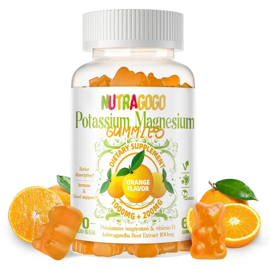Kalium Magnesium Gummies,Potassium Supplement w/Ashwagandha,High Absorptie Magnesium Glycinate,B6,D3,Potassium Citrate voor beenkrampen,Muscle,Electroyte voor volwassenen Kids, Sugar-Free, 60 Gummies