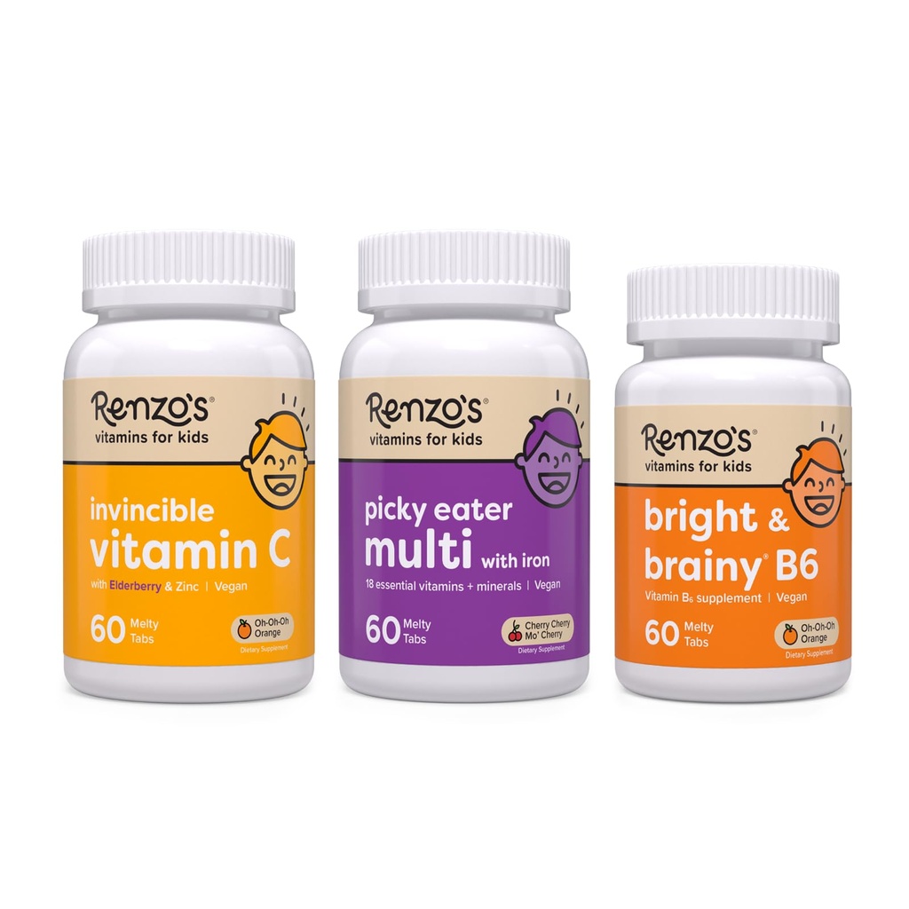 Vitamines de Renzo Retour à l'école Bundle, Vitamine Bright & Brainy B6, Multivitamines pour les enfants et Vitamine C pour les enfants avec Elderberry & Zinc pour le soutien immunitaire