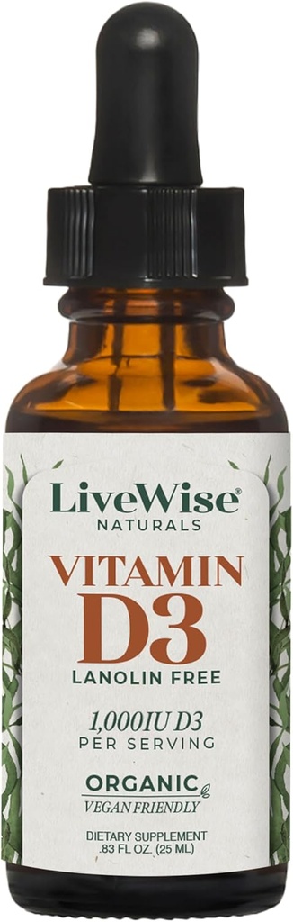 LiveWise Naturals Organic Vitamin D3 Liquid Drops, Vegan, Non-GMO, Plant-based, 200 IE per druppel, Ondersteunt Immune, Bone, and Mood Health, Easy-to-Absorb, in MCT Oil 1000 IE