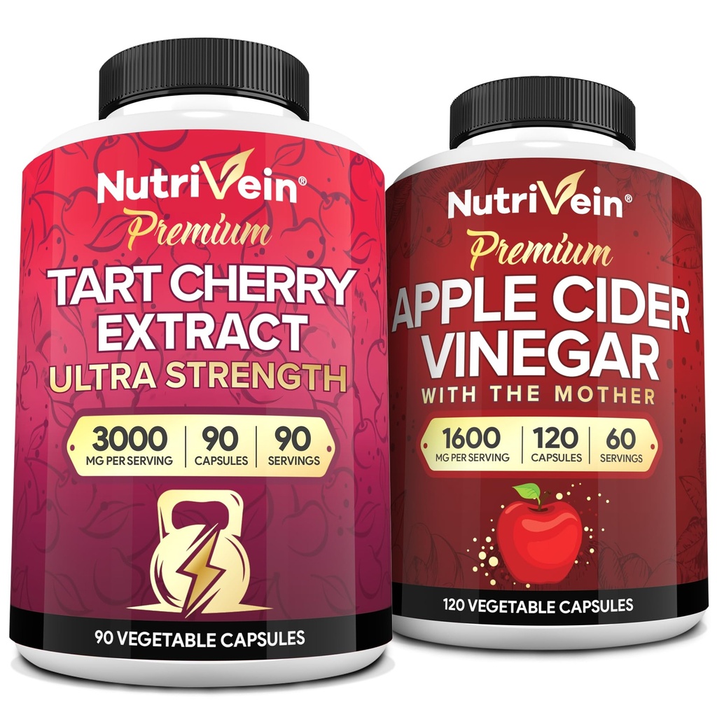 Nutrivein Premium Tart Cherry 500mg & Apple Cider Vinegar 1600mg Bundle - Récupération des muscles et nettoyage de l'acide urique Plus support de digestion et gestion du poids - non-OGM, végétalien/végétarien - 90 + 120 pilules