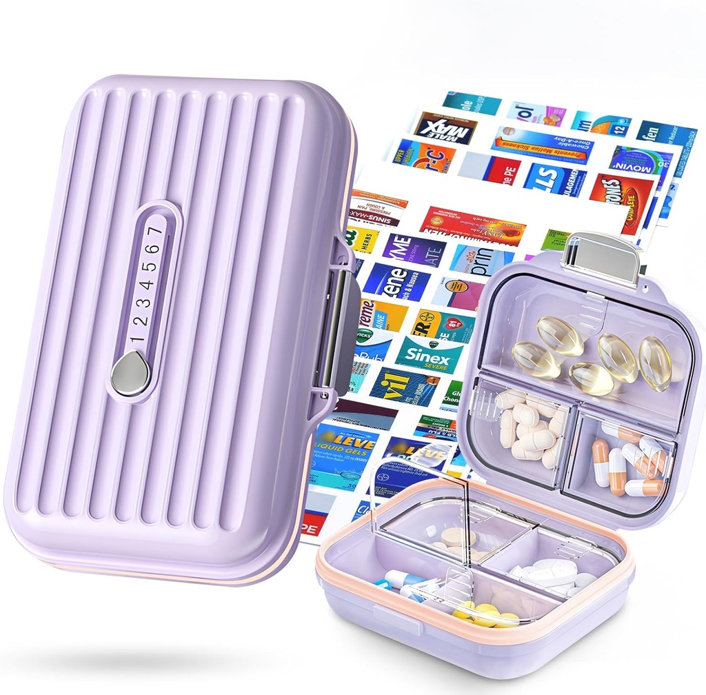 Travel Pill Organizer Box met Medicine Labels, 2Pack 7 Compartments Portable Pill Case, Daily Medication Organizer Storage Pill Container voor Pocket Pharmacy(Purple, S+L 2pack)