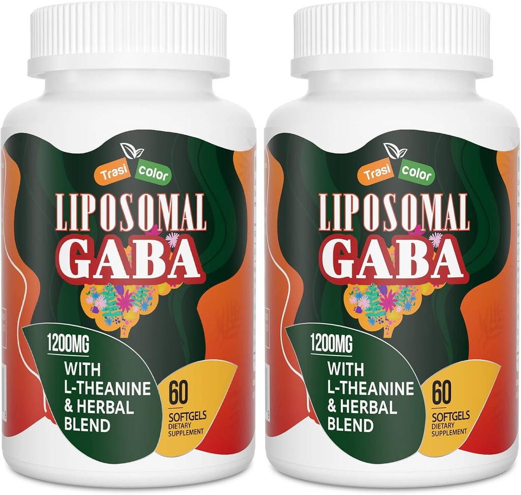 Liposomale GABA met L-Theanine Supplementen 1200mg - Hoge Absorptie GABA Complex met Ashwagandha, kamille, Tart Cherry Herbal Supplementen voor mannen en vrouwen, 120 Softgels