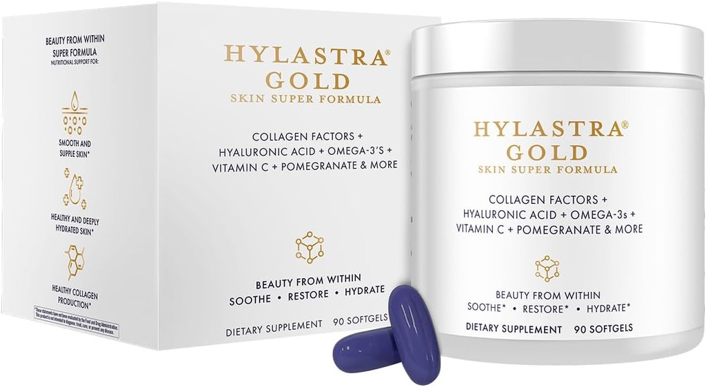 Zuiverheid Producten Hylastra Gold Softgels Collagen + Hyaluronzuur + Beauty Boosting Powerhouse Ingrediënten - Verhoogde hydratatie en elasticiteit van de huid - Vermindert fijne lijntjes en rimpels - 90 Softgels