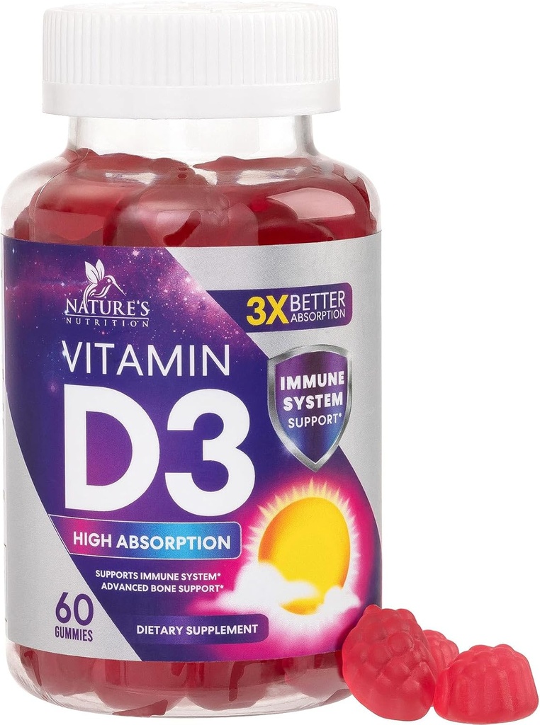 Vitamine D3 Gummy 5000 IE (125 mcg) - Dieetvitaminen D Supplement voor vrouwen en mannen - Botten, tanden, spier- en immuungezondheidsondersteuning, hoge potentie VIT D3 Natuur non-GMO en glutenvrij - 60 Gummies