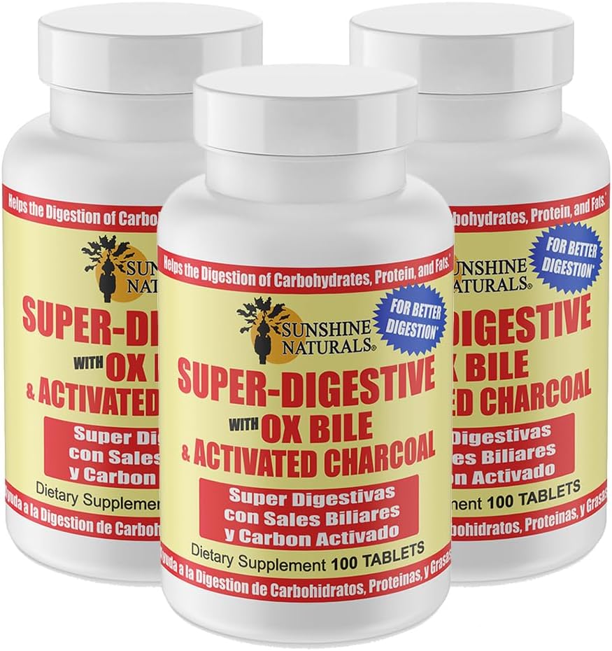 Sunshine Naturals Super spijsverteringssupplement. Ox Bile & Geactiveerde Charcoal voor Digestieve Ondersteuning, Bloating Relief, Gut Cleanse, Nutriënt Absorptie en Algemene Wellness. 100 tabletten. Verpakking van 3
