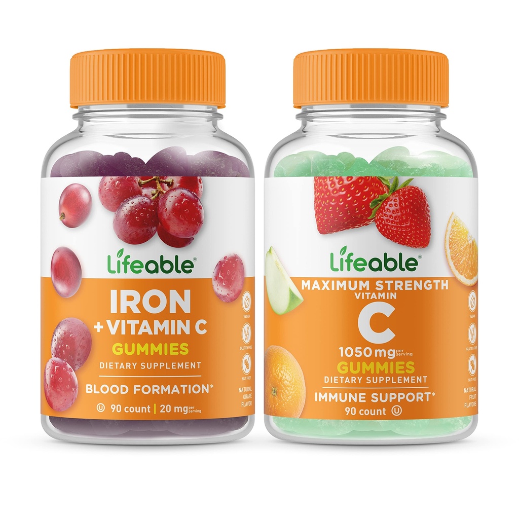 Levensvatbaar ijzer met vitamine C + vitamine C 1050mg, Gummies Bundle - Grote Proeverij, Vitamine Supplement, Glutenvrij, GGO-vrij, Kauwgom