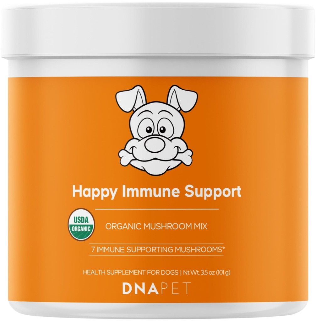 DNA PET Happy Immunity USDA Certified Organic Mushroom Complex for Dogs, Organic Cordyceps Shiitake Reishi, Vegan Mushroom Blend Powder Canine Supplement, Advanced Mushroom Mix, Non-GMO, 3.5 oz