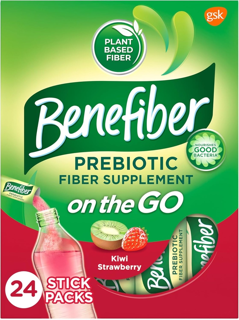 Benefiber On the Go Prebiotic Fiber Supplement Powder for Digestive Health, Daily Fiber Powder, Kiwi Aardbei Flavor Powder Stick Packs - 24 Sticks (5,28 Ounces)