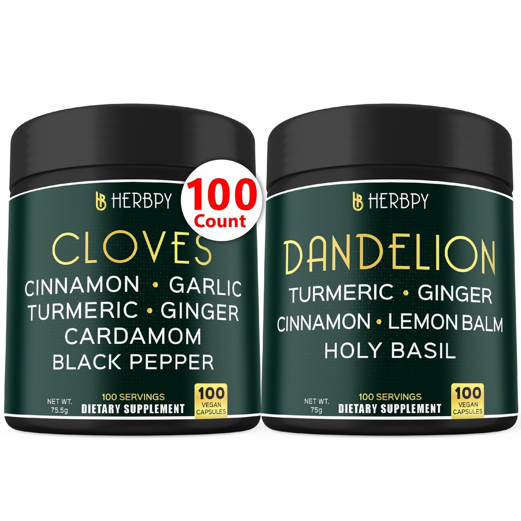 Herbpy Bundle 7in1 Clove Supplement 755mg/serving (100 Capsules) & 6in1 Dandelion Root Supplement 750mg/serving (100 Capsules)