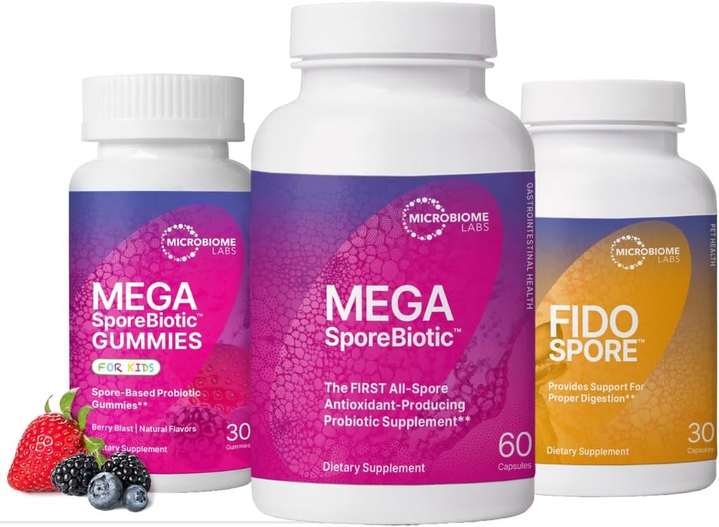 Microbiome Labs Bundle Probiotique Famille entière - MegaSporeBiotique pour les adultes, Gommies Probiotiques pour les enfants et Probiotiques FidoSpore pour les chiens et les chats