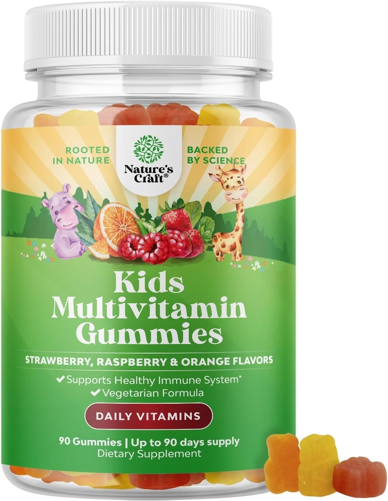 Op planten gebaseerde kinderen Multivitamine Gummies - Multivitamine voor kinderen Immune Ondersteuning met vitamine A, C, D3, E, B6 & B12, Zink & Jodium - Kindervitaminen Kauwbare Formule voor Sterke Gezondheid - 90 Tel.