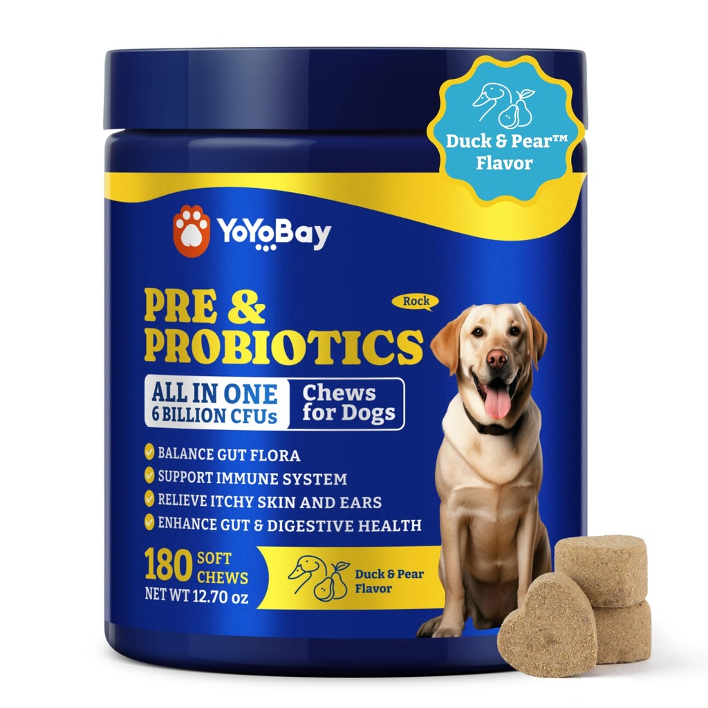 Probiotica voor honden - Hondenprobiotica voor de spijsvertering van gezondheid, gist, jeukende huid, Gut Health, Immune & Skin - 6 miljard CFUs, 180 zachte kauwsmaak, eenden- en perensmaak - met prebiotica & spijsverteringsenzymen