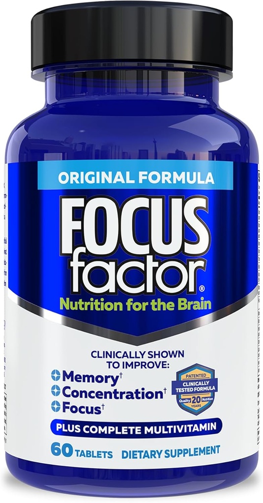 Focus Factor Nutrition for The Brain, Improved Memory & Concentration Brain Supplement, Complete Multivitamine with Vitamins B6, B12, D, Bacopa Monnieri & Tyrosine, 60 Count