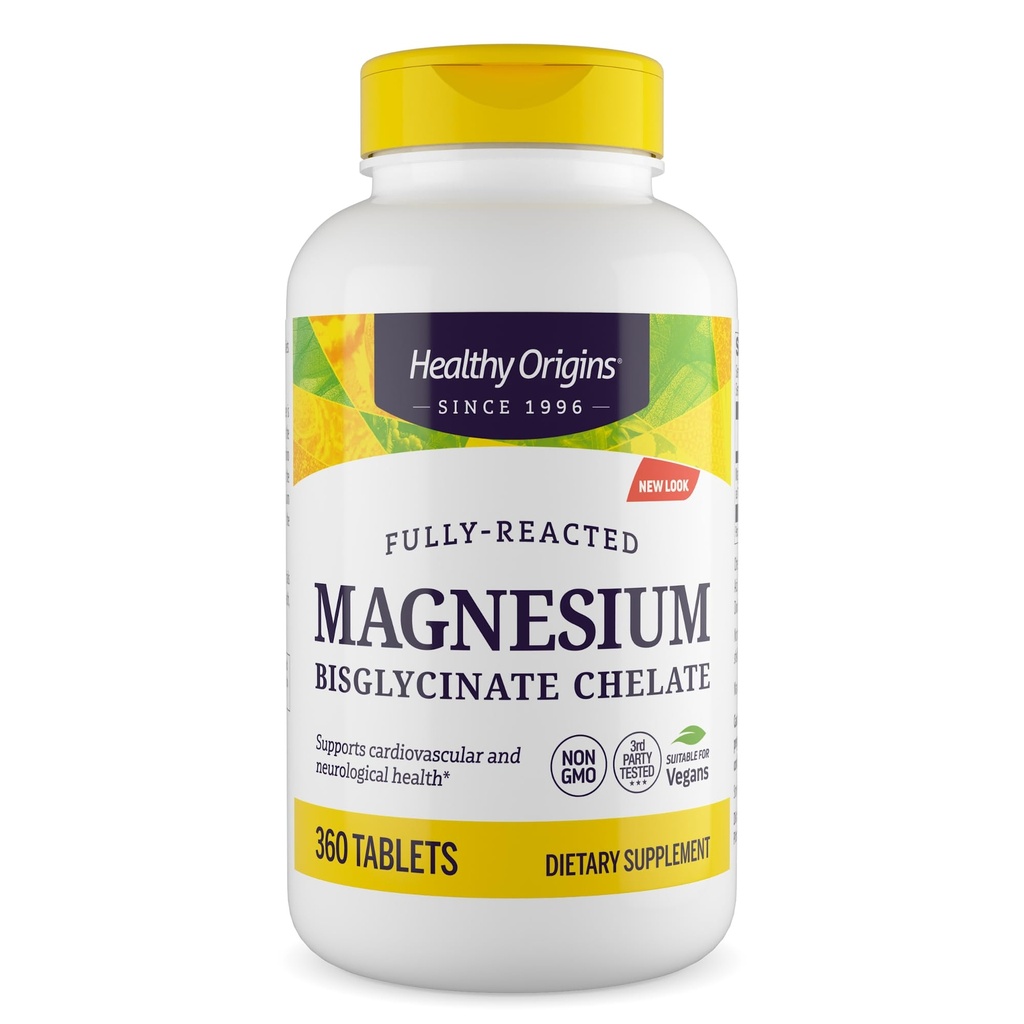 Origines saines Chélalate de bisglycinate de magnésium (non-OGM, sans gluten, soutien cardiovasculaire, soutien osseux, soutien neurologique, végétalien), 360 comprimés