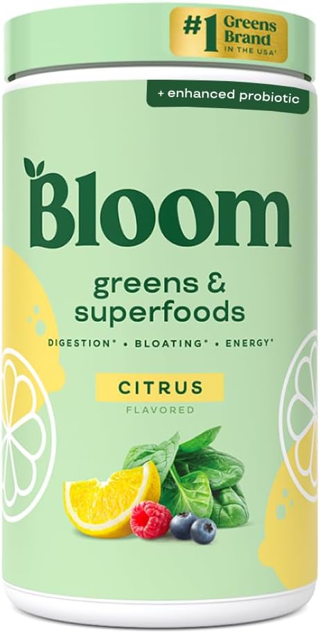 Bloom Nutrition Superfood Greens Powder, Digestieve enzymen met Probiotica en Prebiotica, Gut Health, Bloating Relief for Women, Chlorella, Green Juice Mix met Beet Root Powder, 60 SVG, Citrus