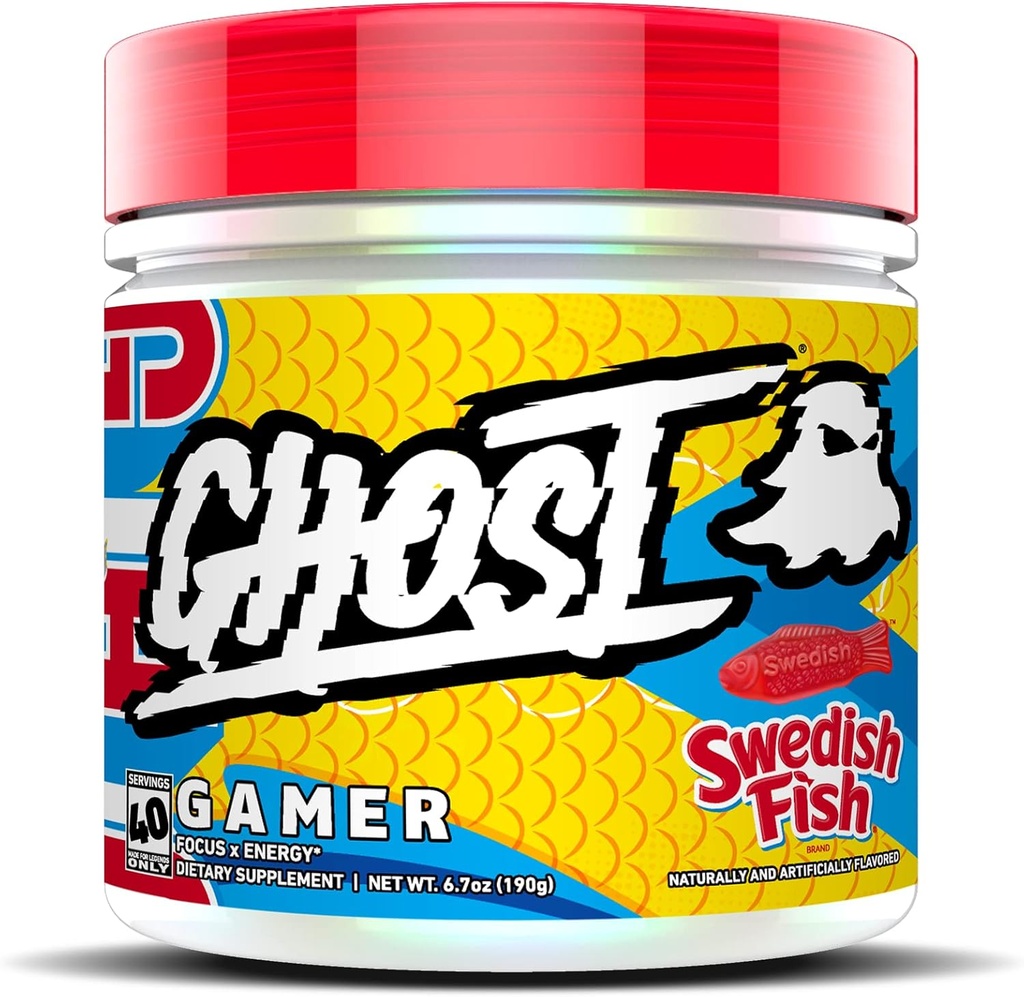 GHOST Gamer: energie- en focusondersteuningsformule - 40 porties, Zweedse vis - Nootropics & Natural Cafeïne voor aandacht, nauwkeurigheid en reactietijd - Veganistisch, glutenvrij