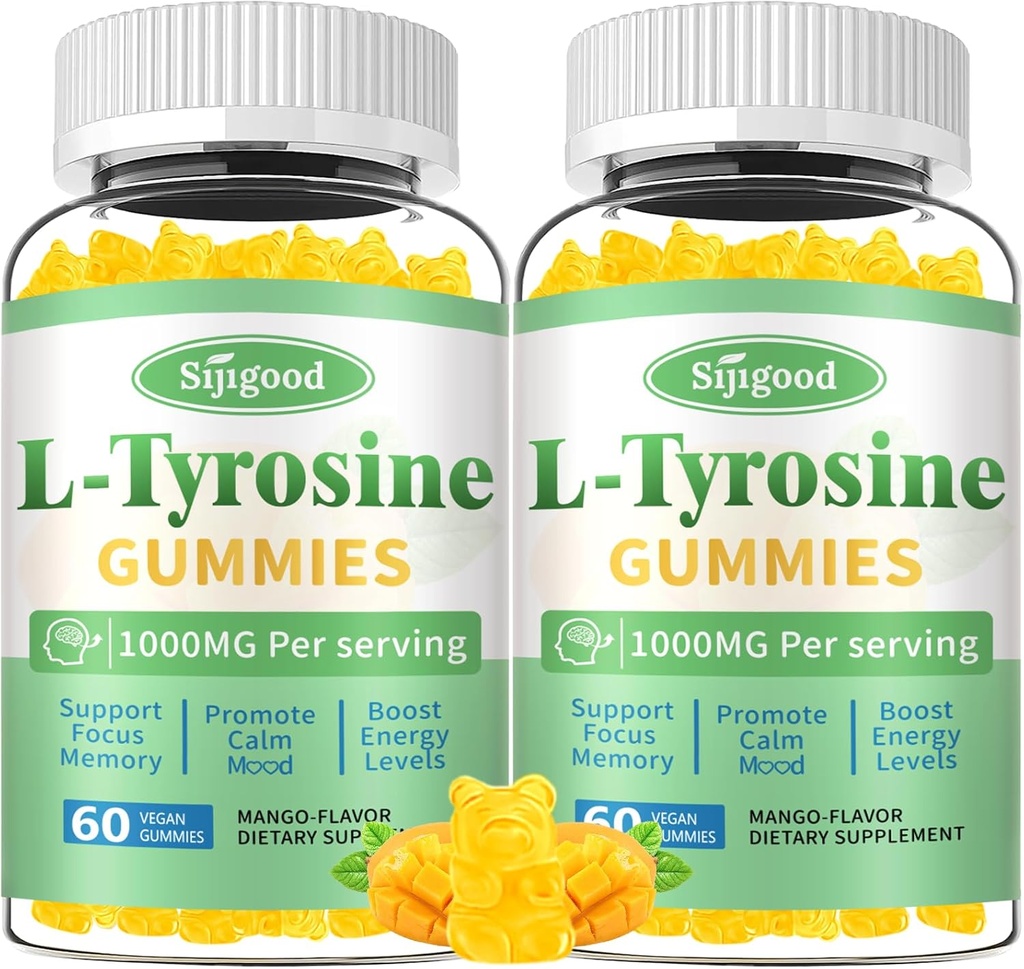 L-tyrosine Gummies voor volwassenen en kinderen - 1000mg L-tyrosine supplement Focus Gummies voor hersenen, Mood, energie-ondersteuning, Vegan & Glutenvrije, Mango smaak, 120 Tel.
