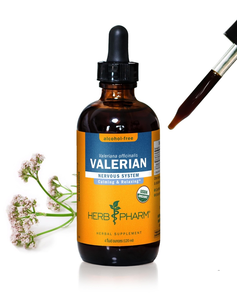 Extrait liquide valérian biologique certifié Herb Pharm pour la détente et le sommeil reposant, Glycérite sans alcool, 4 once